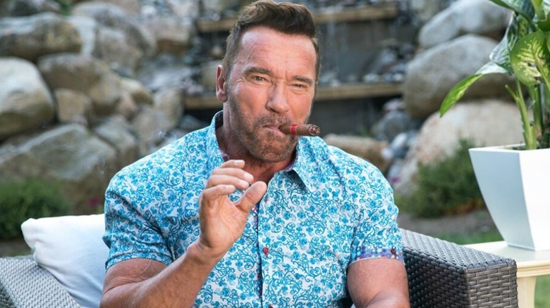 Gunther Bendik (Arnold Schwarzenegger) smokes a cigar while wearing a Hawaiian shirt in Killing Gunther