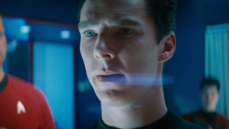 An inexplicably pale Khan (Benedict Cumberbatch) marred by lens flare in Star Trek Into Darkness