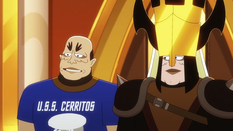 Two Pakleds, one in a Cerritos shirt, the other in absurd bling, on Star Trek Lower Decks