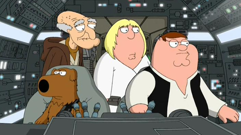 Brian, Peter, Chris, and Herbert as as Chewie, Han, Luke, and Obi-Wan Kenobi in Family Guy's Blue Harvest
