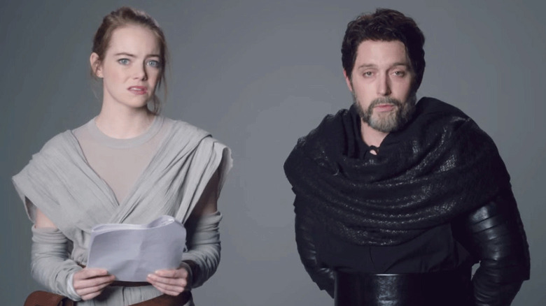 Emma Stone dressed as Rey next to Beck Bennett as Javier Bardem on SNL