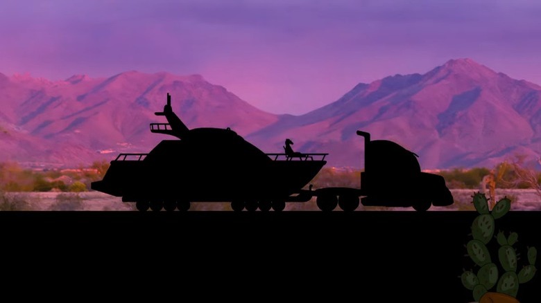 Silhouette BoJack Horseman's boat against mountains