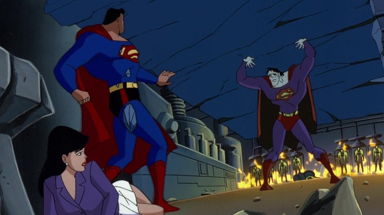 Bizarro holds up concrete chunk to save Superman and Lois