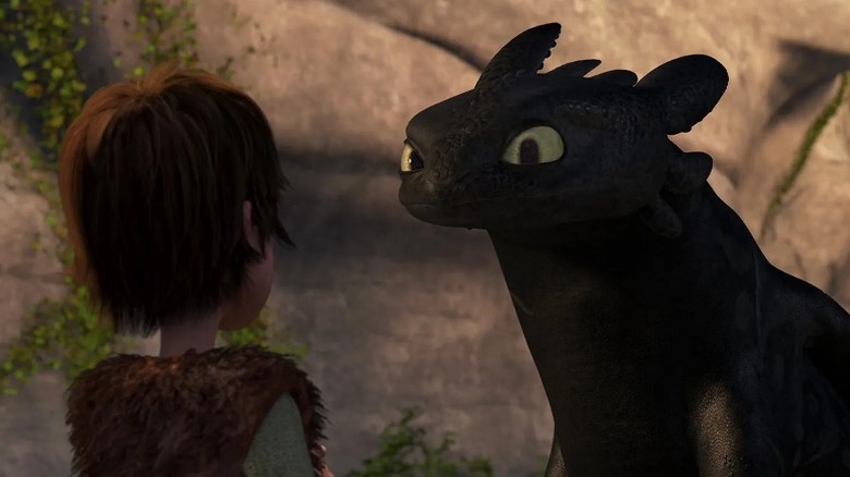 Toothless scanning Hiccup suspiciously