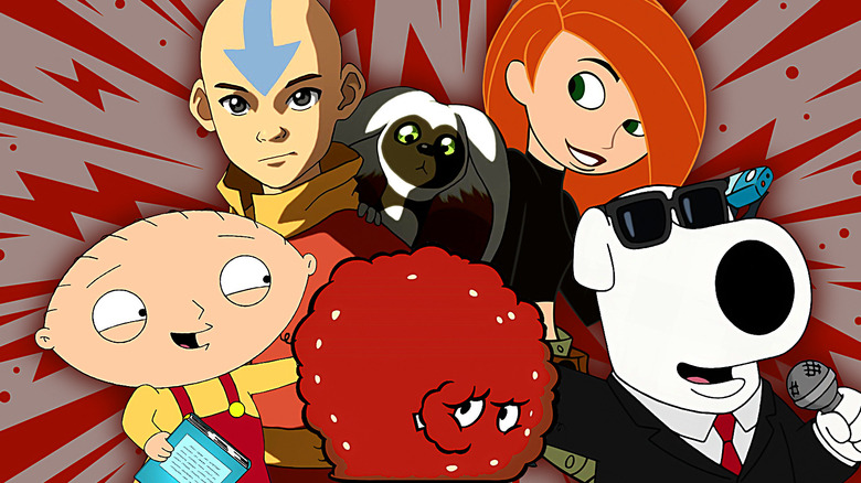 Stewie, Aang, Momo, Meatwad, Kim, and Brian against a dynamic backdrop