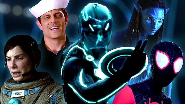 Sandra Bullock as Dr. Ryan Stone in Gravity, Johnny Knoxville in Jackass 3D, Garrett Hedlund as Sam Flynn in TRON: Legacy, Neytiri in Avatar, and Miles Morales in Spider-Man: Into the Spider-Verse