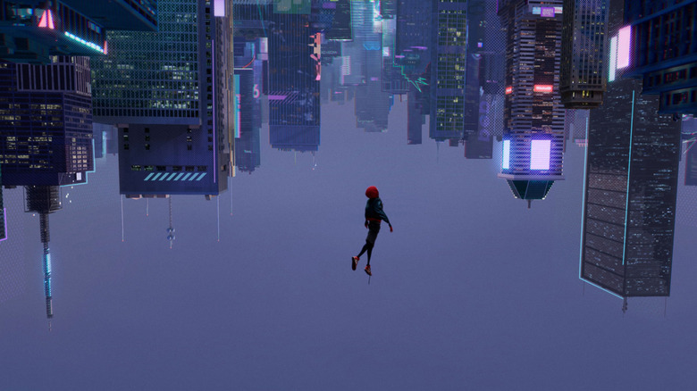 Miles Morales taking a leap of faith into the skyline of New York City in Spider-Man: Into the Spider-Verse