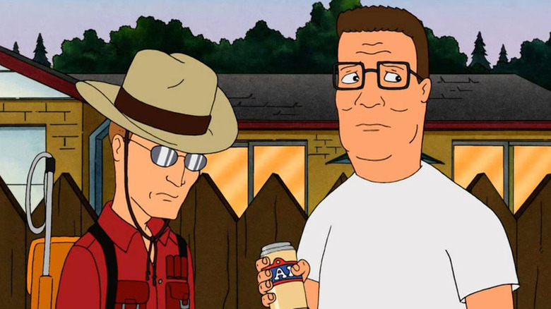 Dale Gribble (Johnny Hardwick) and Hank Hill (Mike Judge) look dejected outside in King of the Hill