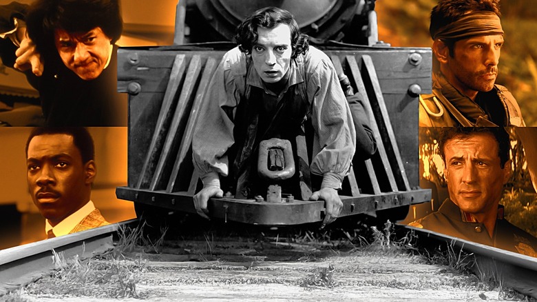 Buster Keaton as Johnnie in The General, surrounded by Jackie Chan as Wong Fei-hung in Drunken Master II, Ben Stiller as Tugg Speedman in Tropic Thunder, Eddie Murphy as Reggie in 48 HRS, and Sylvester Stallone as John Spartan in Demolition Man.