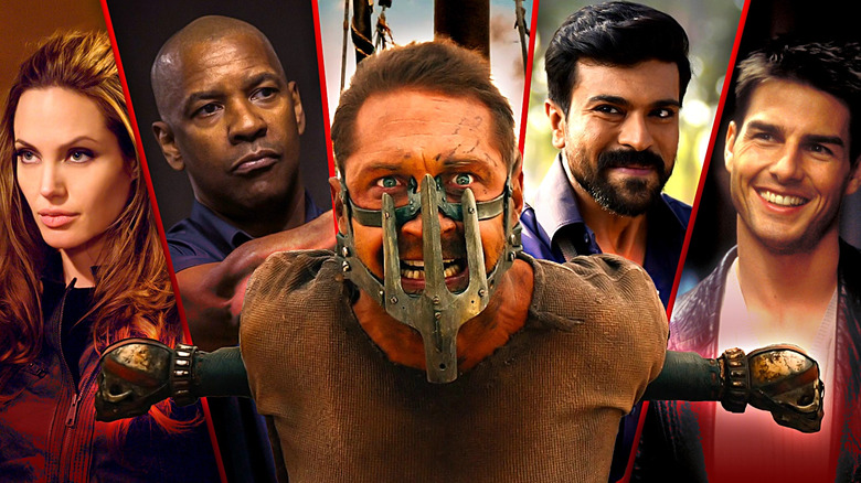 Tom Hardy in Mad Max: Fury Road in the middle, and on the sides, Ram Charan in RRR, Tom Cruise in Mission: Impossible (1996), Denzel Washington in The Equalizer, Angelina Jolie in Wanted in a composite image