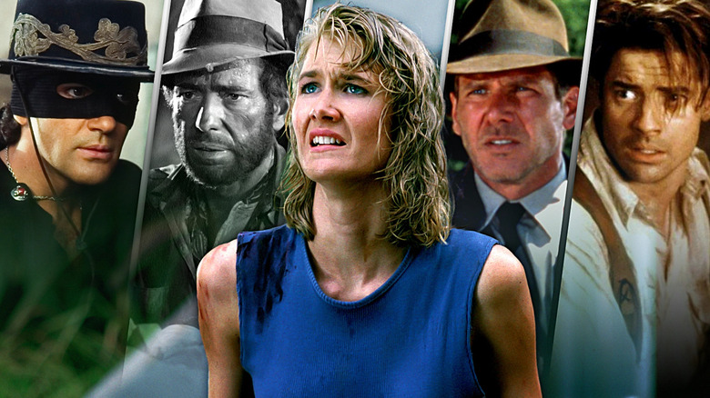 A collage of Ellie Sattler (Laura Dern) in Jurassic Park in front of Zorro (Antonio Banderas) in The Mask of Zorro, Frank C. Dobbs (Humphrey Bogart) in The Treasure of the Sierra Madre, Indiana Jones (Harrison Ford) in Indiana Jones and the Last Crusade, and Rick O'Connell (Brendan Fraser) in The Mummy (1999)