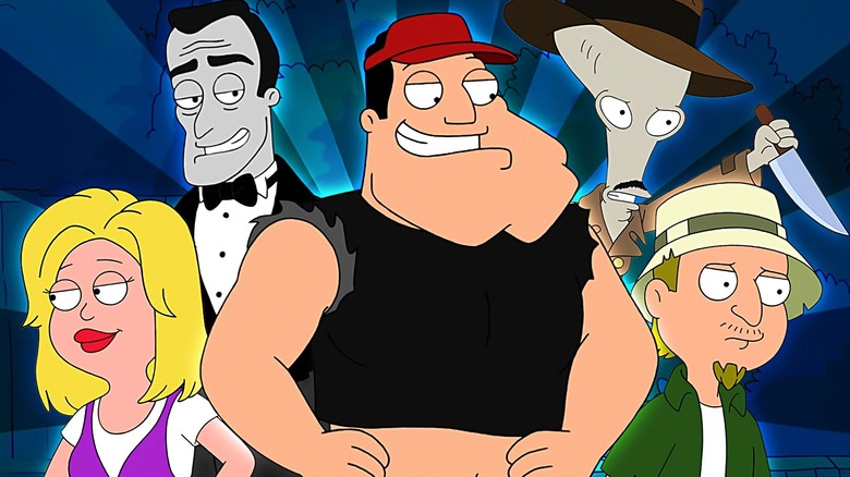 Younger version of Francine, Alistair Covax, Stan in red hat and black shirt, Roger with knife, and Jeff from American Dad