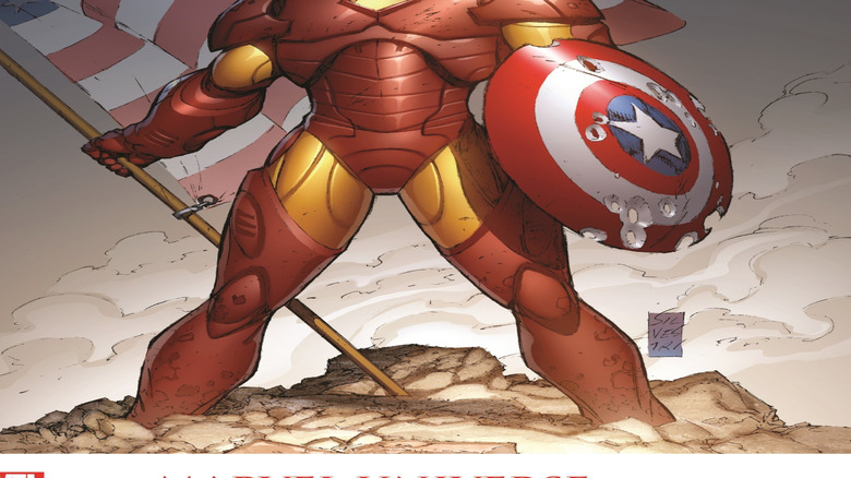 Iron Man wields an American flag and the Captain America shield