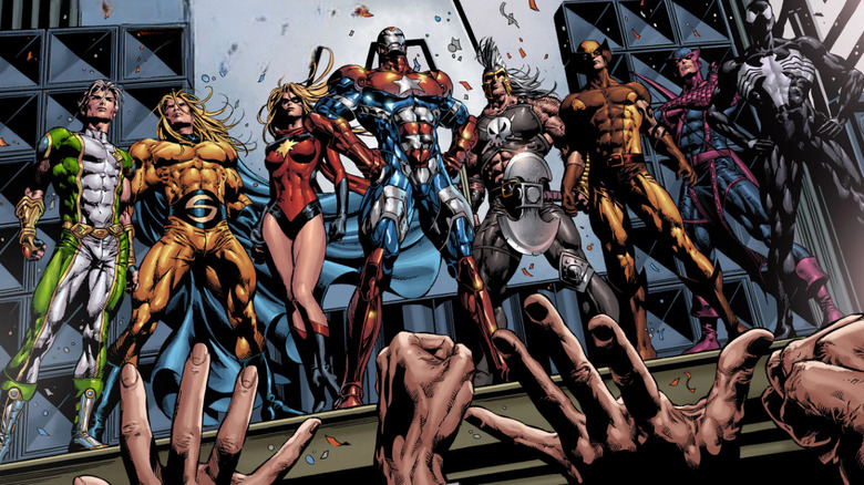 The Dark Avengers stand before a crowd of cheering fans
