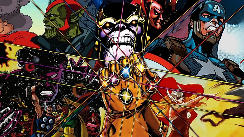 Collage of a Skrull from Secret Invasion, Korvac from the Korvac Saga, Thanos glowering with the Infinity Gauntlet, Captain America in The Ultimates, and Jane Foster in Kang War One
