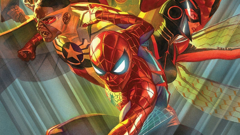 Spider-Man flanked by Sam Wilson as Captain America and Nadia Van Dyne as the Wasp