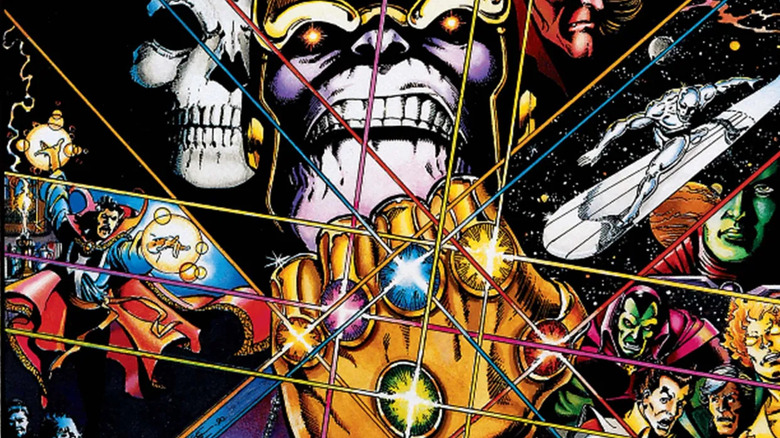 Thanos wields the Infinity Gauntlet in front of a cosmos of Marvel heroes