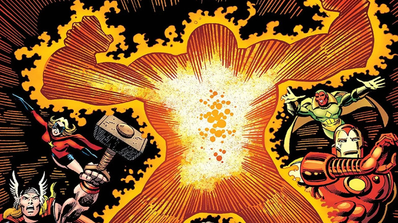 The Avengers surround the molten body of Korvac