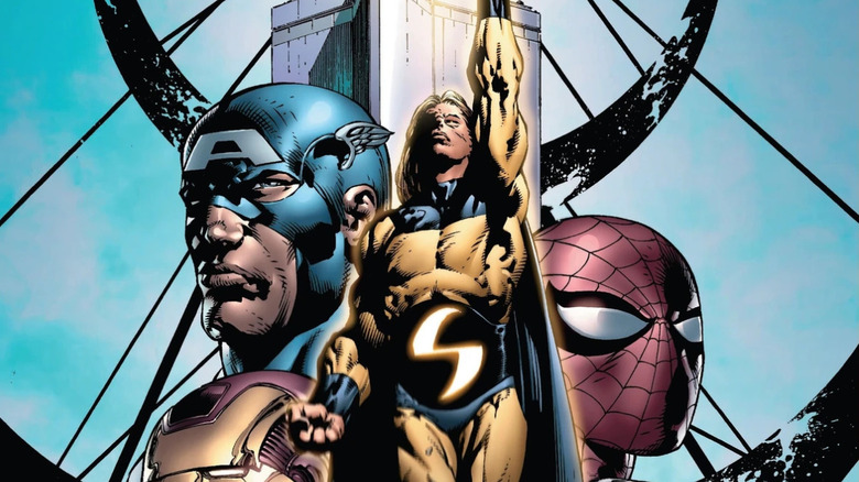 The Sentry flies in front of Captain America, Spider-Man, and Iron Man