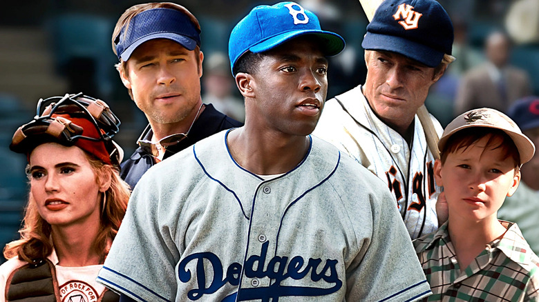 A collage of Jackie Robinson (Chadwick Boseman) in 42 surrounded by Dottie Hinson (Geena Davis) in A League of Their Own, Billy Beane (Brad Pitt) in Moneyball, Roy Hobbs (Robert Redford) in The Natural, and Scotty Smalls (Tom Guiry) in The Sandlot