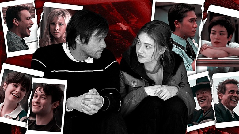 Jim Carrey and Kate Winslet as Joel and Clementine from Eternal Sunshine of the Spotless Mind in black and white surrounded by photos of Jason Segel and Kristen Bell in Forgetting Sarah Marshall, Zooey Deschanel and Joseph Gordon Levitt from 500 Days of Summer, Tony Leung and Faye Wong from Chungking Express, and Brendan Gleeson and Colin Farrell from The Banshees of Inisherin