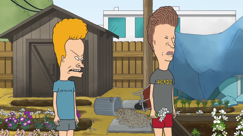 Beavis and Butt-Head walking around in a backyard in Beavis and Butt-Head
