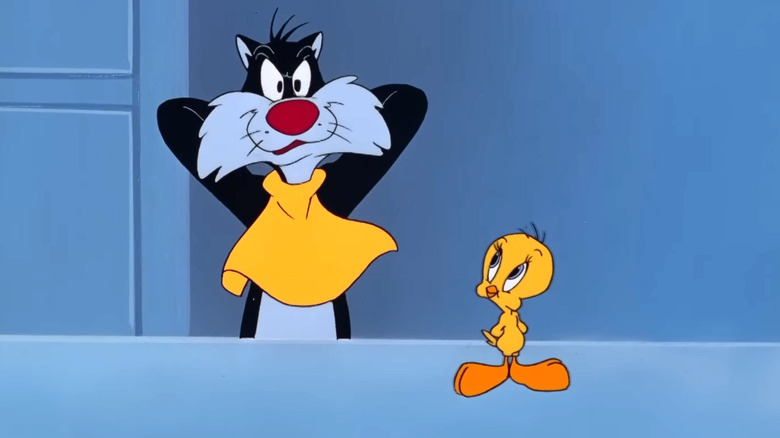 Tweety looking up at Sylvester in The Sylvester & Tweety Mysteries