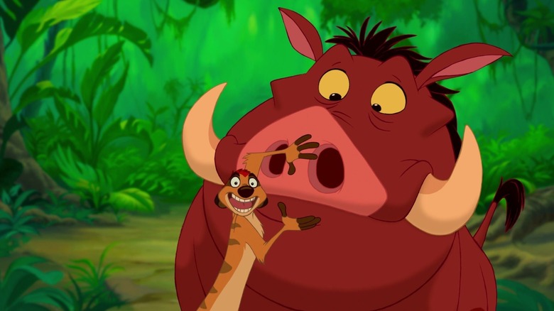 Timon touching Pumbaa's nose in The Lion King