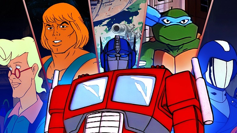 Composite image of Egon Spengler from The Real Ghostbusters, He-Man from He-Man and the Masters of the Universe, Megatron and Optimus Prime from The Transformers, Leonardo from Teenage Mutant Ninja Turtles, and Cobra Commander from G.I. Joe