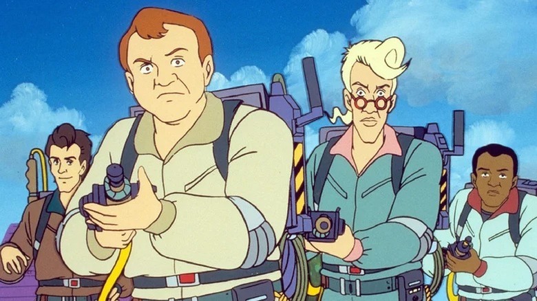 Peter Venkman, Ray Stanz, Egon Spengler, and Winston Zeddemore moving forward in The Real Ghostbusters
