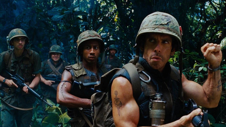 Jack Black as Jeff Portnoy, Brandon T. Jackson as Alpa Chino, Jay Baruchel as Kevin, Robert Downey Jr. as Kirk Lazarus and Ben Stiller as Tugg Speedman trek through the jungle in Tropic Thunder
