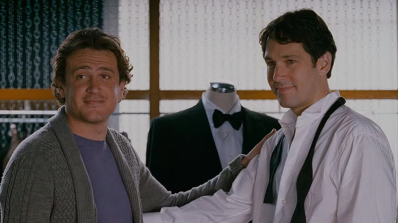Sydney (Jason Segel) and Peter (Paul Rudd) try on tuxedos in I Love You, Man