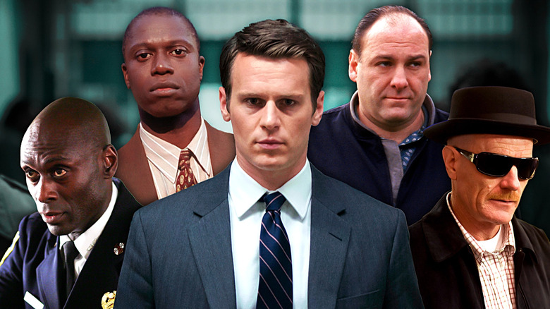 A collage of Cedric Daniels (Lance Reddick) in The Wire, Frank Pembleton (Andre Braugher) in Homicide: Life on the Street, Tony Soprano (James Gandolfini) in The Sopranos, and Walter White (Bryan Cranston) in Breaking Bad around Holden Ford (Jonathan Groff) in Mindhunter