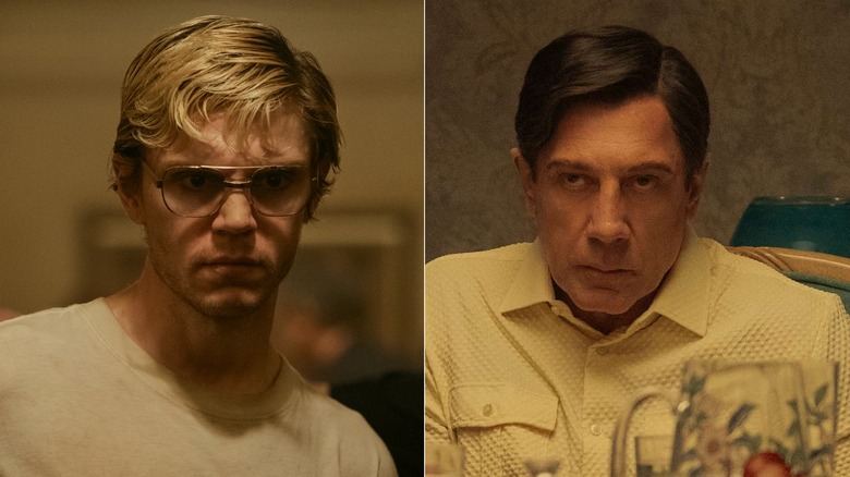 Images of Evan Peters as Jeffrey Dahmer and Javier Bardem as José Menendez edited together from the Netflix series Monster