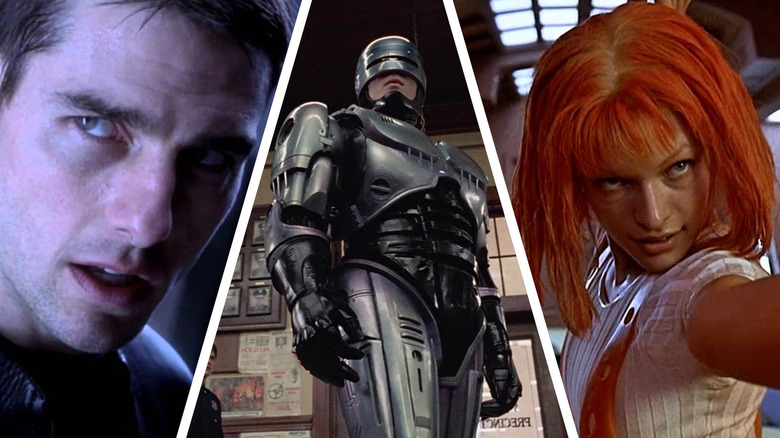 John Anderton (Tom Cruise) in Minority Report, Peter Weller in RoboCop, Milla Jovovich in The Fifth Element in a composite image