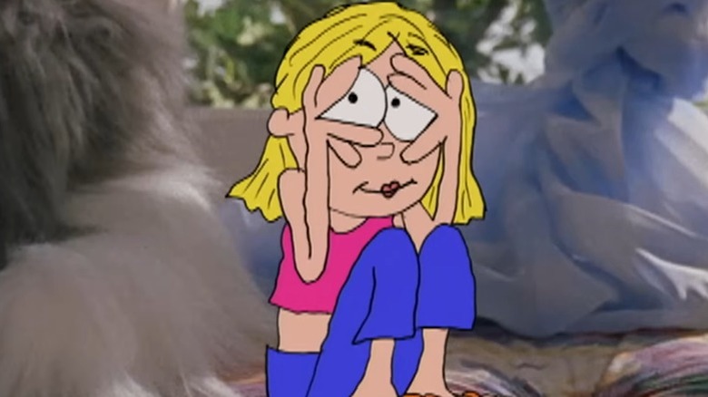Lizzie McGuire's cartoon form peeking through fingers