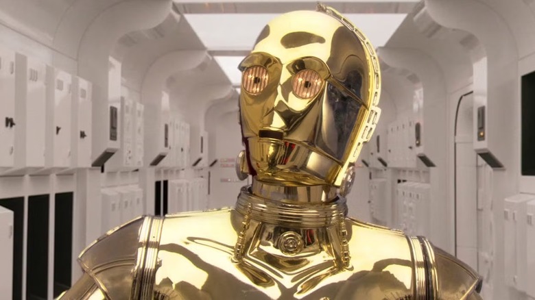 C-3PO always looks surprised, this time on a Rebel ship being boarded by Vader in Star Wars: a New Hope