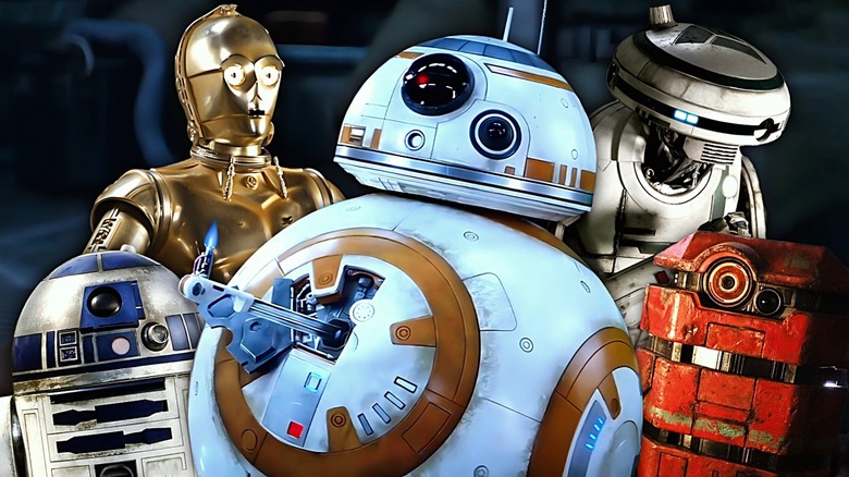 BB-8 in the middle, maybe doing his little torch thumbs up from Force Awakens, and then next to him on either side, C-3PO and Le-37, and then on the outside on either side, R2-D2 and B2EMO