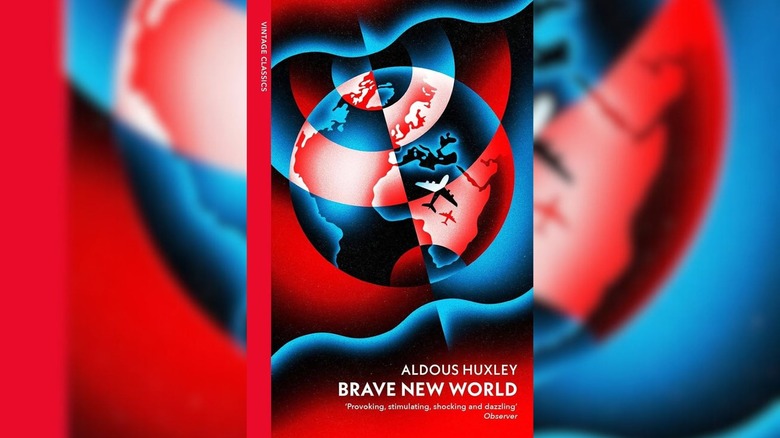 Planes flying over globe on cover of Brave New World by Aldous Huxley