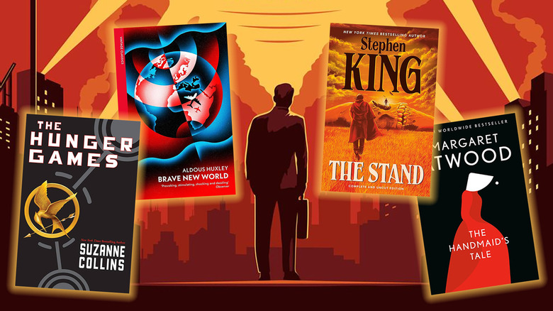A composite image of book covers for 1984, The Hunger Games, Brave New World, The Stand, and The Handmaid's Tale