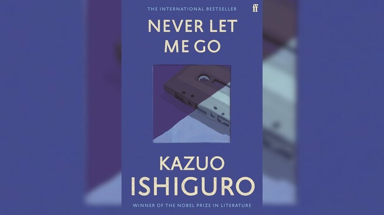 Cassette tape on cover of Never Let Me Go by Kazuo Ishiguro