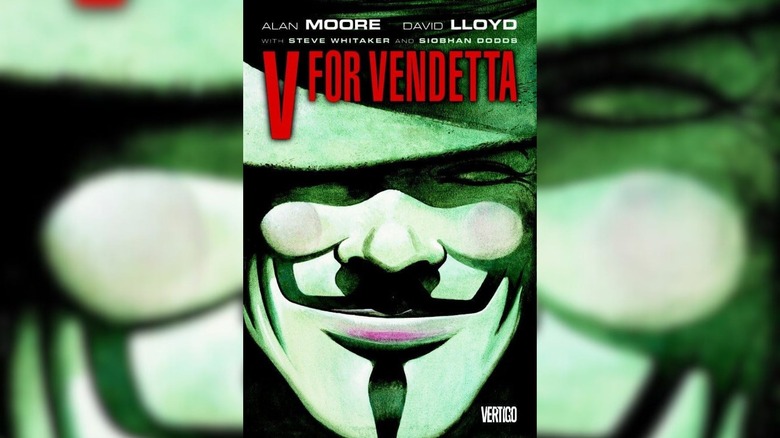 V wearing a Guy Fawkes mask on cover for V for Vendetta by Alan Moore