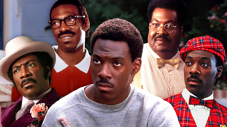 Eddie Murphy as Rudy Ray Moore in Dolemite is My Name, Kit in Bowfinger, Axel Foley in Beverly Hills Cop, Sherman Klump in The Nutty Professor, and Akeem in Coming to America