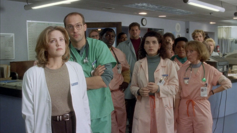 Hospital staff portrayed by Sherry Stringfield, Anthony Edwards, Deezer D, Abraham Benrubi, Juliana Margulies, Yvette Freeman, and Ellen Crawford in ER