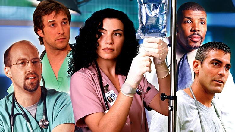Composite of ER cast, including Anthony Edwards as Mark, Noah Wyle as Carter, Julianna Margulies as Carol holding IV bag, Eriq La Salle as Benton, and George Clooney as Doug