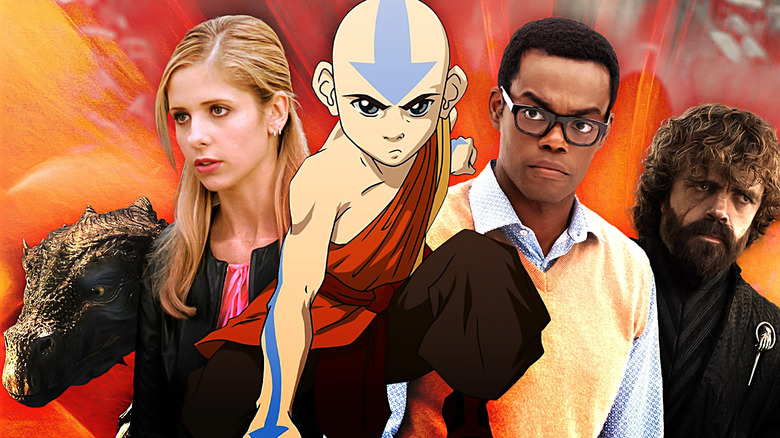 Images of Kilgharrah the Great Dragon from Merlin, Buffy from Buffy the Vampire Slayer, Chidi from the Good Place, Tyrion Lannister from Game of Thrones, and Aang from Avatar: The Last Airbender edited together against a red and orange background.