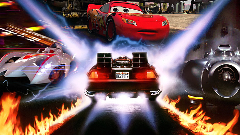 A collage of the DeLorean in Back to the Future surrounded by the Mach Five in Speed Racer (2008), Lightning McQueen (Owen Wilson) in Cars, and the Batmobile in Batman (1989)