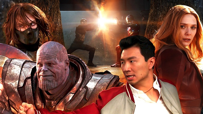A composite image of Bucky, Thanos, Shang-Chi, and Wanda from the Marvel Cinematic Universe
