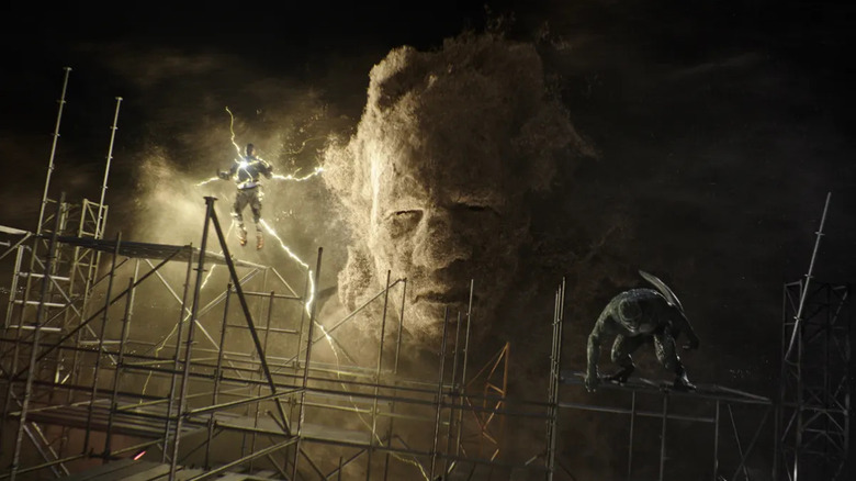 Electro (Jamie Foxx), Sandman (Thomas Haden Church), and Lizard (Rhys Ifans) on scaffolding in Spider-Man: No Way Home