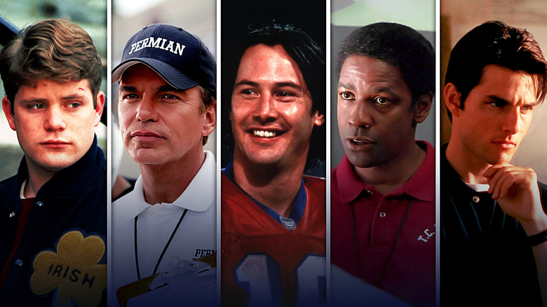 A collage of Rudy Ruettiger (Sean Astin) in Rudy, Gary Gaines (Billy Bob Thornton) in Friday Night Lights, Shane Falco (Keanu Reeves) in The Replacements, Herman Boone (Denzel Washington) in Remember the Titans, and Jerry Maguire (Tom Cruise) in Jerry Maguire